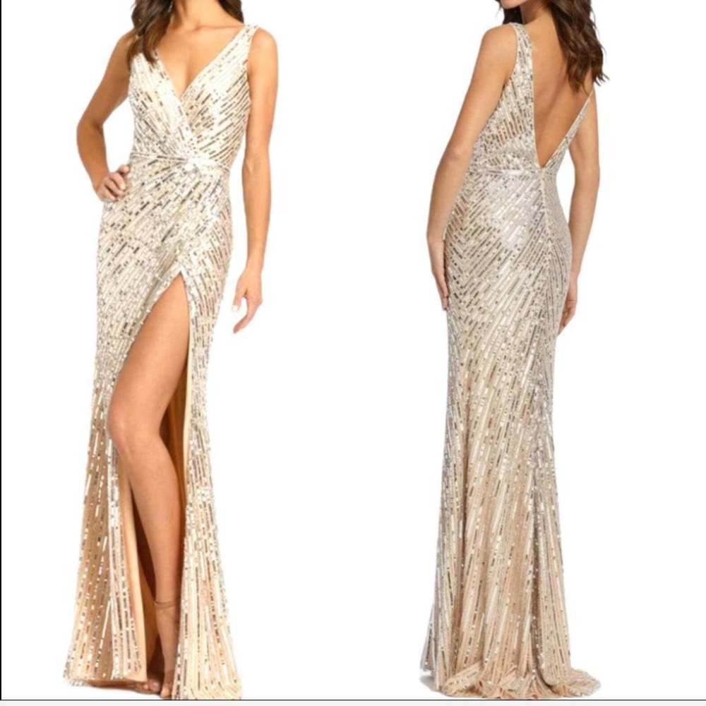 Mac Duggal Sequined Faux Wrap Sleeveless Gown Size 2